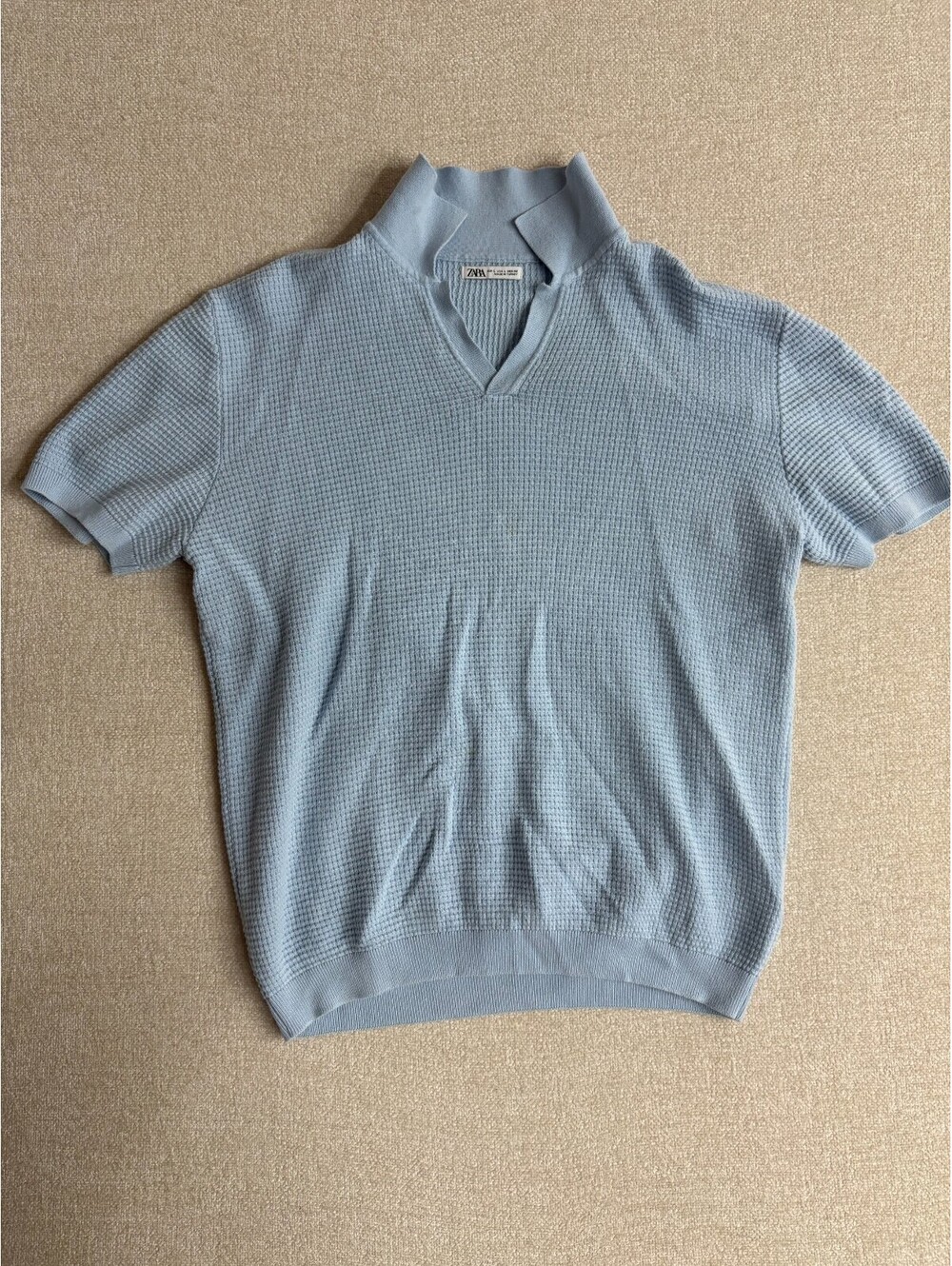 Mens Zara Light Blue Waffle Knit Short Sleeve Open Collar Polo Sweater